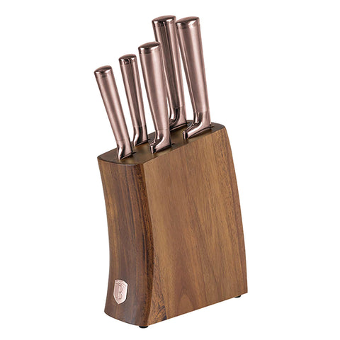  BH/3126, juego de cuchillos de 6 piezas con soporte de madera de acacia, oro rosa, T6: juego de cuchillos de 6 piezas con soporte de madera de acacia, juego de cuchillos, cuchillos, cuchillo, soporte de acero inoxidable, soporte de madera de acacia, cuchillos y herramientas de corte