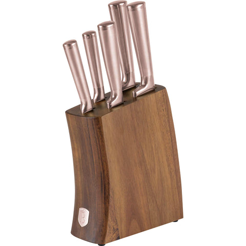 Juego de cuchillos, cuchillos, cuchillo, soporte de acero inoxidable, soporte de madera de acacia, juego de cuchillos de 6 piezas con soporte de madera de acacia, oro rosa, NUEVO, BH/3126