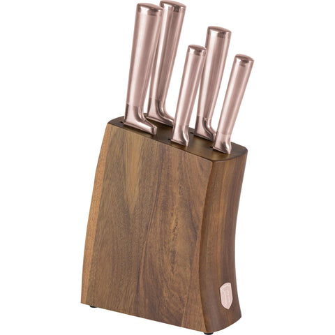 BH/3126, juego de cuchillos de 6 piezas con soporte de madera de acacia, oro rosa, T6: juego de cuchillos de 6 piezas con soporte de madera de acacia, juego de cuchillos, cuchillos, cuchillo, soporte de acero inoxidable, soporte de madera de acacia, cuchillos y herramientas de corte