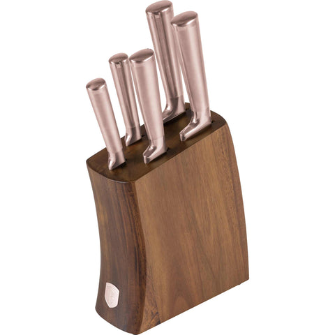 Juego de cuchillos, cuchillos, cuchillo, soporte de acero inoxidable, soporte de madera de acacia, juego de cuchillos de 6 piezas con soporte de madera de acacia, oro rosa, NUEVO, BH/3126