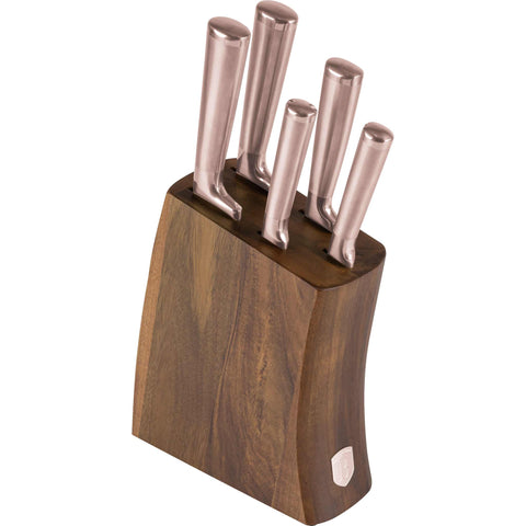 Juego de cuchillos, cuchillos, cuchillo, soporte de acero inoxidable, soporte de madera de acacia, juego de cuchillos de 6 piezas con soporte de madera de acacia, oro rosa, NUEVO, BH/3126