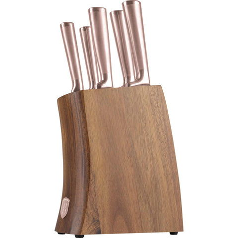 Juego de cuchillos, cuchillos, cuchillo, soporte de acero inoxidable, soporte de madera de acacia, juego de cuchillos de 6 piezas con soporte de madera de acacia, oro rosa, NUEVO, BH/3126