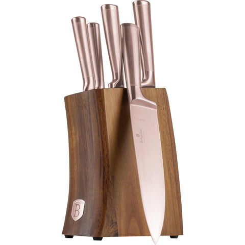  BH/3126, juego de cuchillos de 6 piezas con soporte de madera de acacia, oro rosa, T6: juego de cuchillos de 6 piezas con soporte de madera de acacia, juego de cuchillos, cuchillos, cuchillo, soporte de acero inoxidable, soporte de madera de acacia, cuchillos y herramientas de corte