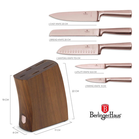  BH/3126, juego de cuchillos de 6 piezas con soporte de madera de acacia, oro rosa, T6: juego de cuchillos de 6 piezas con soporte de madera de acacia, juego de cuchillos, cuchillos, cuchillo, soporte de acero inoxidable, soporte de madera de acacia, cuchillos y herramientas de corte