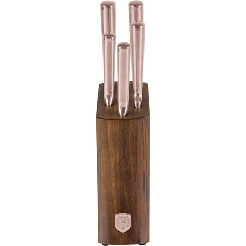 Juego de cuchillos, cuchillos, cuchillo, soporte de acero inoxidable, soporte de madera de acacia, juego de cuchillos de 6 piezas con soporte de madera de acacia, oro rosa, NUEVO, BH/3126