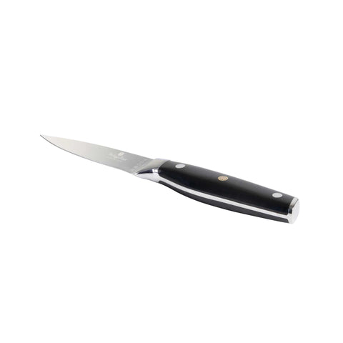 Product image of Paring knife 9cm. Part of the Black Vantage Collection/Matte Black Collection/Black Silver Collection . Features: • Material: stainless steel • Size: 9 cm • Color: black- silver. (Studio view). Official Berlinger Haus product, boosted by Promintra sl.