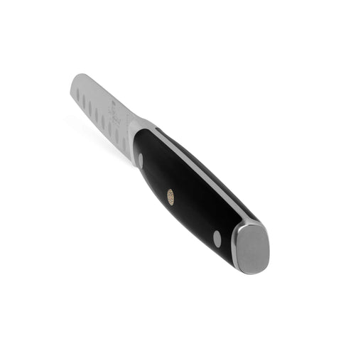 Product image of Santoku knife 9cm. Part of the Black Vantage Collection/Matte Black Collection/Black Silver Collection . Features: • Material: stainless steel • Size: 9 cm • Color: black- silver. (Studio view). Official Berlinger Haus product, boosted by Promintra sl.