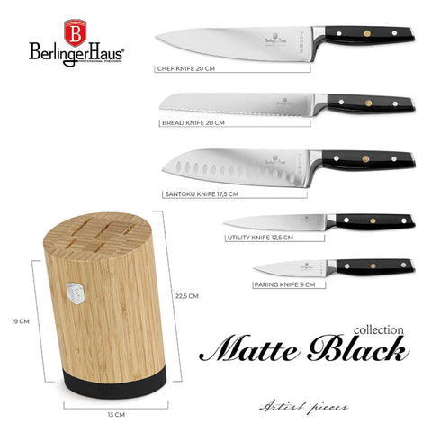 bambú, BH/3136, Black Silver Collection, Black Vantage Collection, blockknives, cuchillo, cuchillos, juego de cuchillos, juego de cuchillos de 6 piezas con soporte de bambú, kitchenutensil, Knivesset, Matte Black Collection, negro, plateado, tabla de cortar, Imagen conceptual: producto y función clave.