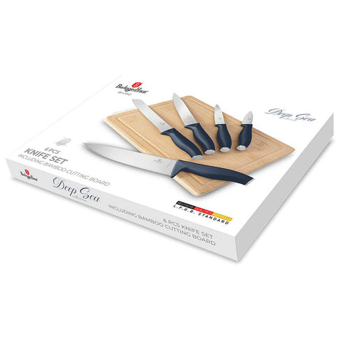 BH/3142, juego de cuchillos de 6 piezas con tabla de cortar de bambú, azul mate, juego de cuchillos de 6 piezas con tabla de cortar de bambú, juego de cuchillos, cuchillos, cuchillo, tabla de cortar, bambú