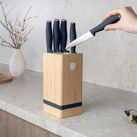  BH/3143, Juego de cuchillos de 6 piezas con soporte de bambú, azul mate, juego de cuchillos de 6 piezas con soporte de bambú a., juego de cuchillos, cuchillos, cuchillo, soporte, bambú