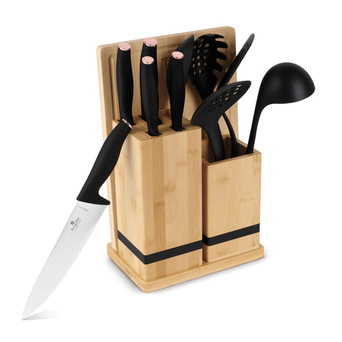 Product image of 12pcs knife and kitchen tool set with BAMBOO cutting board and stand. Part of the Black Rose Collection . Features: • Material: stainless steel, nylon, plastic • Chef knife 20 cm • Bread knife 20 cm • Santoku knife 17,5 cm • Utility knife 12,5 cm • Paring knife 9.... (Studio view). Official Berlinger Haus product, boosted by Promintra sl.