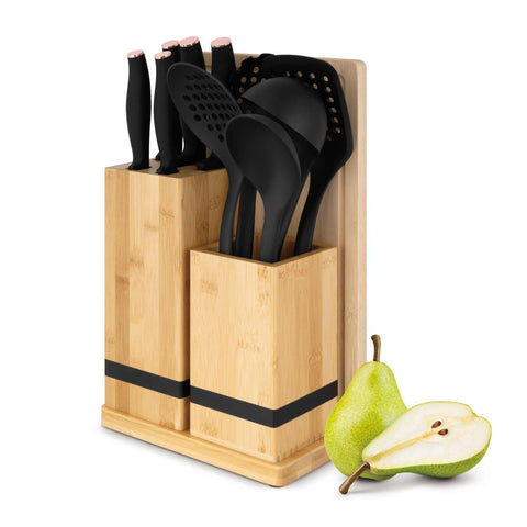 Product image of 12pcs knife and kitchen tool set with BAMBOO cutting board and stand. Part of the Black Rose Collection . Features: • Material: stainless steel, nylon, plastic • Chef knife 20 cm • Bread knife 20 cm • Santoku knife 17,5 cm • Utility knife 12,5 cm • Paring knife 9.... (Studio view). Official Berlinger Haus product, boosted by Promintra sl.