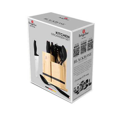 Product image of 12pcs knife and kitchen tool set with BAMBOO cutting board and stand. Part of the Black Rose Collection . Features: • Material: stainless steel, nylon, plastic • Chef knife 20 cm • Bread knife 20 cm • Santoku knife 17,5 cm • Utility knife 12,5 cm • Paring knife 9.... (Studio view). Official Berlinger Haus product, boosted by Promintra sl.