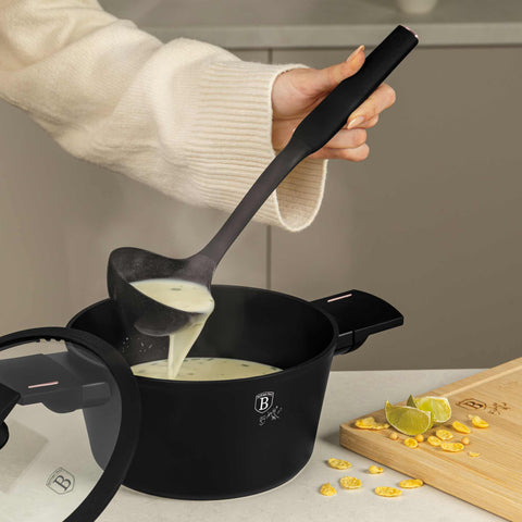 Product image of 12pcs knife and kitchen tool set with BAMBOO cutting board and stand. Part of the Black Rose Collection . Features: • Material: stainless steel, nylon, plastic • Chef knife 20 cm • Bread knife 20 cm • Santoku knife 17,5 cm • Utility knife 12,5 cm • Paring knife 9.... (Studio view). Official Berlinger Haus product, boosted by Promintra sl.