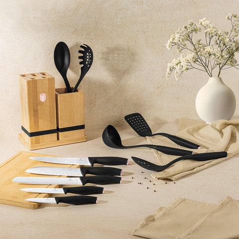 Product image of 12pcs knife and kitchen tool set with BAMBOO cutting board and stand. Part of the Black Rose Collection . Features: • Material: stainless steel, nylon, plastic • Chef knife 20 cm • Bread knife 20 cm • Santoku knife 17,5 cm • Utility knife 12,5 cm • Paring knife 9.... (Studio view). Official Berlinger Haus product, boosted by Promintra sl.