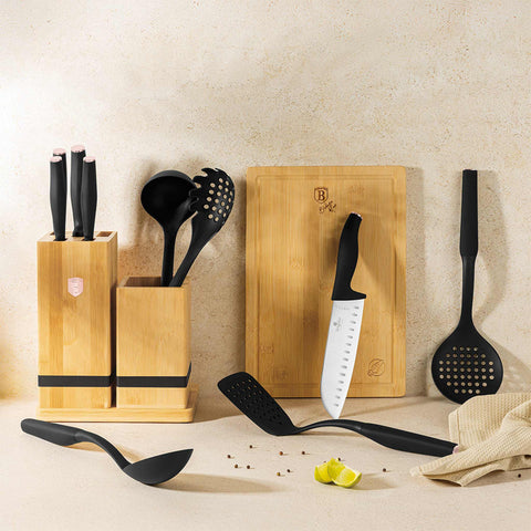 Product image of 12pcs knife and kitchen tool set with BAMBOO cutting board and stand. Part of the Black Rose Collection . Features: • Material: stainless steel, nylon, plastic • Chef knife 20 cm • Bread knife 20 cm • Santoku knife 17,5 cm • Utility knife 12,5 cm • Paring knife 9.... (Studio view). Official Berlinger Haus product, boosted by Promintra sl.