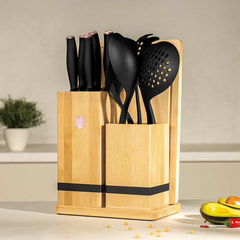 Product image of 12pcs knife and kitchen tool set with BAMBOO cutting board and stand. Part of the Black Rose Collection . Features: • Material: stainless steel, nylon, plastic • Chef knife 20 cm • Bread knife 20 cm • Santoku knife 17,5 cm • Utility knife 12,5 cm • Paring knife 9.... (Studio view). Official Berlinger Haus product, boosted by Promintra sl.