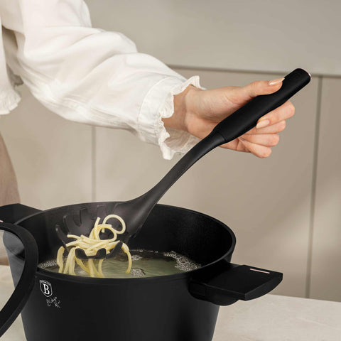 Product image of 12pcs knife and kitchen tool set with BAMBOO cutting board and stand. Part of the Black Rose Collection . Features: • Material: stainless steel, nylon, plastic • Chef knife 20 cm • Bread knife 20 cm • Santoku knife 17,5 cm • Utility knife 12,5 cm • Paring knife 9.... (Studio view). Official Berlinger Haus product, boosted by Promintra sl.