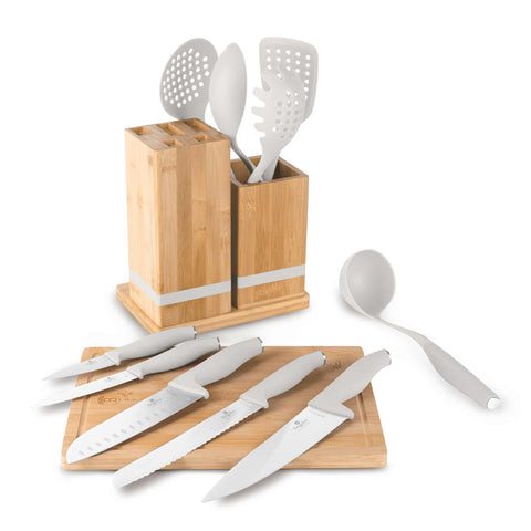 Product image of 12pcs knife and kitchen tool set with BAMBOO cutting board and stand. Part of the Sahara Collection . Features: • Material: stainless steel, nylon, plastic • Chef knife 20 cm • Bread knife 20 cm • Santoku knife 17,5 cm • Utility knife 12,5 cm • Paring knife 9.... (Studio view). Official Berlinger Haus product, boosted by Promintra sl.