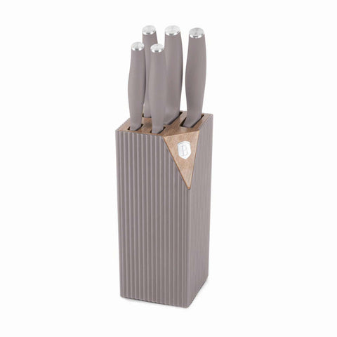 Product image of 6pcs knife set with stand. Part of the Taupe Nordic Collection . Features: • Material: stainless steel • Chef knife 20 cm • Bread knife 20 cm • Santoku knife 17,5 cm • Utility knife 12,5 cm • Paring knife 9 cm • Stand • Co.... (Studio view). Official Berlinger Haus product, boosted by Promintra sl.