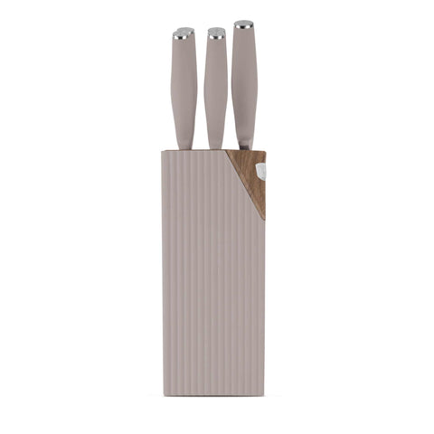 Product image of 6pcs knife set with stand. Part of the Taupe Nordic Collection . Features: • Material: stainless steel • Chef knife 20 cm • Bread knife 20 cm • Santoku knife 17,5 cm • Utility knife 12,5 cm • Paring knife 9 cm • Stand • Co.... (Studio view). Official Berlinger Haus product, boosted by Promintra sl.