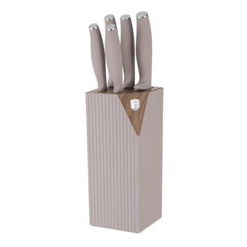 Product image of 6pcs knife set with stand. Part of the Taupe Nordic Collection . Features: • Material: stainless steel • Chef knife 20 cm • Bread knife 20 cm • Santoku knife 17,5 cm • Utility knife 12,5 cm • Paring knife 9 cm • Stand • Co.... (Studio view). Official Berlinger Haus product, boosted by Promintra sl.