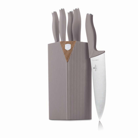 Product image of 6pcs knife set with stand. Part of the Taupe Nordic Collection . Features: • Material: stainless steel • Chef knife 20 cm • Bread knife 20 cm • Santoku knife 17,5 cm • Utility knife 12,5 cm • Paring knife 9 cm • Stand • Co.... (Studio view). Official Berlinger Haus product, boosted by Promintra sl.