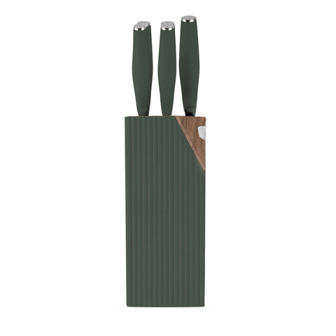 Product image of 6pcs knife set with stand. Part of the Matte Green Collection . Features: • Material: stainless steel • Chef knife 20 cm • Bread knife 20 cm • Santoku knife 17,5 cm • Utility knife 12,5 cm • Paring knife 9 cm • Stand • Co.... (Studio view). Official Berlinger Haus product, boosted by Promintra sl.