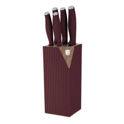 Product image of 6pcs knife set with stand. Part of the Leonardo Nordic Collection . Features: • Material: stainless steel • Chef knife 20 cm • Bread knife 20 cm • Santoku knife 17,5 cm • Utility knife 12,5 cm • Paring knife 9 cm • Stand • Co.... (Studio view). Official Berlinger Haus product, boosted by Promintra sl.