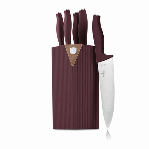 Product image of 6pcs knife set with stand. Part of the Leonardo Nordic Collection . Features: • Material: stainless steel • Chef knife 20 cm • Bread knife 20 cm • Santoku knife 17,5 cm • Utility knife 12,5 cm • Paring knife 9 cm • Stand • Co.... (Studio view). Official Berlinger Haus product, boosted by Promintra sl.