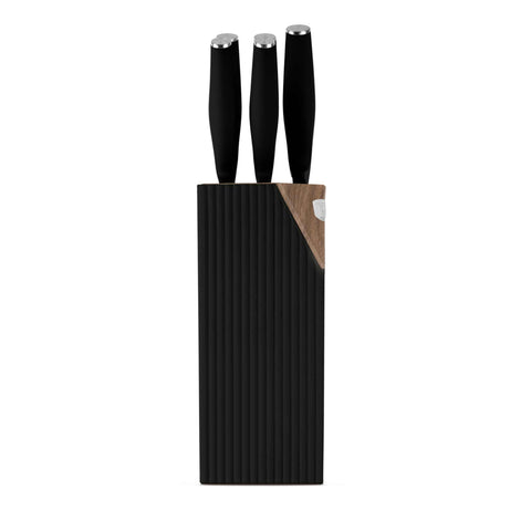 Product image of 6pcs knife set with stand. Part of the Black Vantage Collection/Matte Black Collection/Black Silver Collection . Features: • Material: stainless steel • Chef knife 20 cm • Bread knife 20 cm • Santoku knife 17,5 cm • Utility knife 12,5 cm • Paring knife 9 cm • Stand • Co.... (Studio view). Official Berlinger Haus product, boosted by Promintra sl.