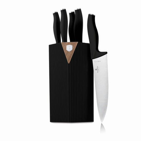 Product image of 6pcs knife set with stand. Part of the Black Vantage Collection/Matte Black Collection/Black Silver Collection . Features: • Material: stainless steel • Chef knife 20 cm • Bread knife 20 cm • Santoku knife 17,5 cm • Utility knife 12,5 cm • Paring knife 9 cm • Stand • Co.... (Studio view). Official Berlinger Haus product, boosted by Promintra sl.