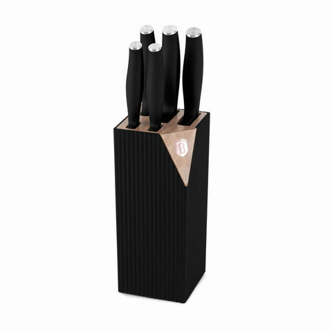 Product image of 6pcs knife set with stand. Part of the Black Rose Collection . Features: • Material: stainless steel • Chef knife 20 cm • Bread knife 20 cm • Santoku knife 17,5 cm • Utility knife 12,5 cm • Paring knife 9 cm • Stand • Co.... (Studio view). Official Berlinger Haus product, boosted by Promintra sl.