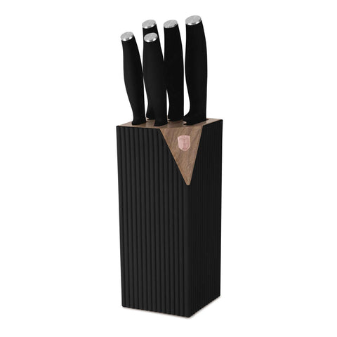 Product image of 6pcs knife set with stand. Part of the Black Rose Collection . Features: • Material: stainless steel • Chef knife 20 cm • Bread knife 20 cm • Santoku knife 17,5 cm • Utility knife 12,5 cm • Paring knife 9 cm • Stand • Co.... (Studio view). Official Berlinger Haus product, boosted by Promintra sl.