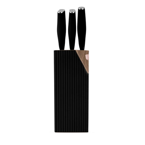Product image of 6pcs knife set with stand. Part of the Black Rose Collection . Features: • Material: stainless steel • Chef knife 20 cm • Bread knife 20 cm • Santoku knife 17,5 cm • Utility knife 12,5 cm • Paring knife 9 cm • Stand • Co.... (Studio view). Official Berlinger Haus product, boosted by Promintra sl.