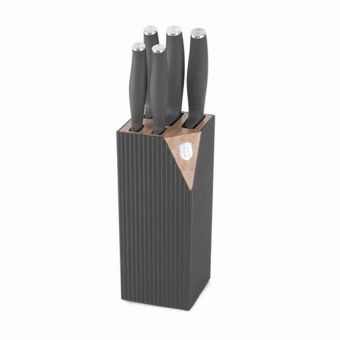 Product image of 6pcs knife set with stand. Part of the Anthracite Collection . Features: • Material: stainless steel • Chef knife 20 cm • Bread knife 20 cm • Santoku knife 17,5 cm • Utility knife 12,5 cm • Paring knife 9 cm • Stand • Co.... (Studio view). Official Berlinger Haus product, boosted by Promintra sl.