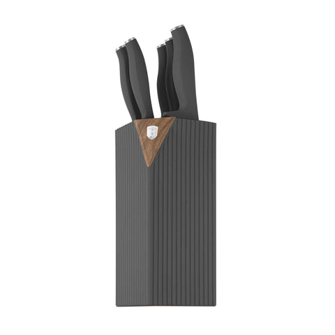 Product image of 6pcs knife set with stand. Part of the Anthracite Collection . Features: • Material: stainless steel • Chef knife 20 cm • Bread knife 20 cm • Santoku knife 17,5 cm • Utility knife 12,5 cm • Paring knife 9 cm • Stand • Co.... (Studio view). Official Berlinger Haus product, boosted by Promintra sl.