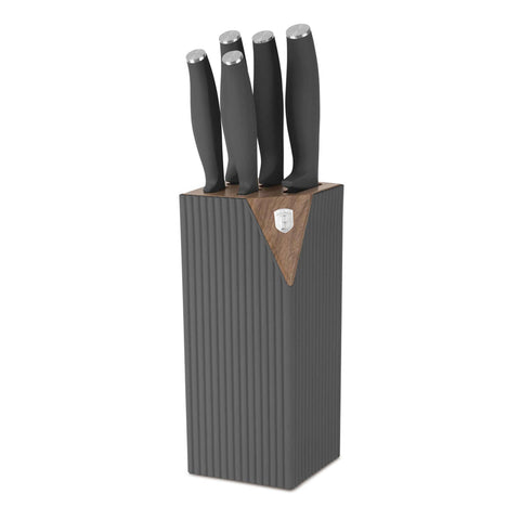 Product image of 6pcs knife set with stand. Part of the Anthracite Collection . Features: • Material: stainless steel • Chef knife 20 cm • Bread knife 20 cm • Santoku knife 17,5 cm • Utility knife 12,5 cm • Paring knife 9 cm • Stand • Co.... (Studio view). Official Berlinger Haus product, boosted by Promintra sl.
