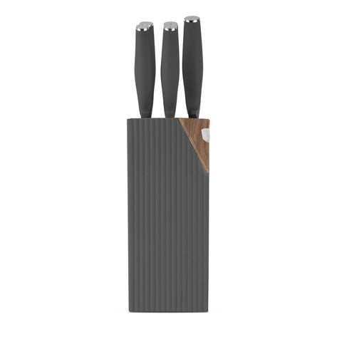 Product image of 6pcs knife set with stand. Part of the Anthracite Collection . Features: • Material: stainless steel • Chef knife 20 cm • Bread knife 20 cm • Santoku knife 17,5 cm • Utility knife 12,5 cm • Paring knife 9 cm • Stand • Co.... (Studio view). Official Berlinger Haus product, boosted by Promintra sl.