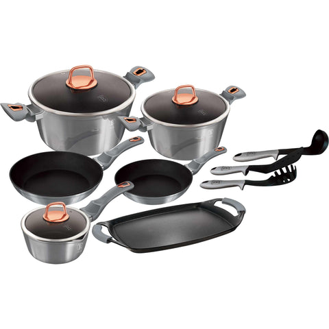  BH/6021, juego de utensilios de cocina de 12 + 2 piezas, gris, juego de utensilios de cocina de 12 + 2 piezas, juego de utensilios de cocina, ollas, juego de ollas, ollas y sartenes, juego de ollas y sartenes, juego, herramientas de cocina, placa de parrilla, cocina, utensilios de cocina, ollas y cazuelas
