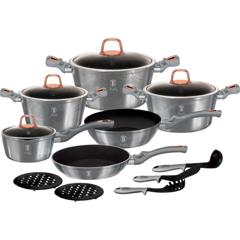 Juego de utensilios de cocina, ollas, juego de ollas, ollas y sartenes, juego de ollas y sartenes, juego, herramientas de cocina, cocina, utensilios de cocina, juego de utensilios de cocina de 15 piezas, gris, BH/7037, BH/6022