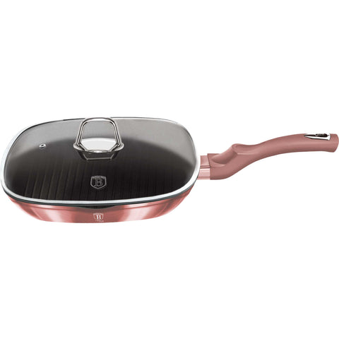 Product image of Grill pan with lid 28cm. Part of the I-Rose Collection . Features: • Material: forged aluminum • Grill pan with lid Ø28*4,1 cm 2,1L • Color: metallic pink REGISTERED DESIGN BY BERLINGER HAUS!. (Studio view). Official Berlinger Haus product, boosted by Promintra sl.