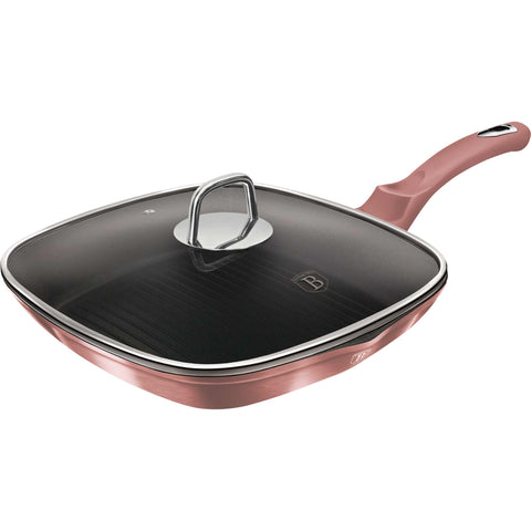 Product image of Grill pan with lid 28cm. Part of the I-Rose Collection . Features: • Material: forged aluminum • Grill pan with lid Ø28*4,1 cm 2,1L • Color: metallic pink REGISTERED DESIGN BY BERLINGER HAUS!. (Studio view). Official Berlinger Haus product, boosted by Promintra sl.