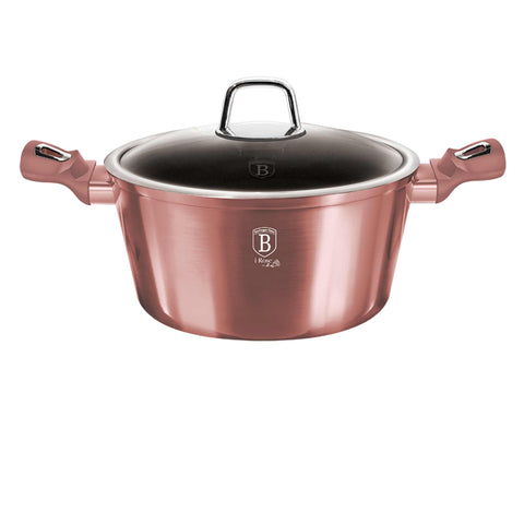Product image of Casserole with lid 28cm. Part of the I-Rose Collection . Features: • Material: forged aluminum • Casserole with lid Ø28*12,4 cm 6,1L • Color: metallic pink REGISTERED DESIGN BY BERLINGER HAUS!. (Lifestyle view). Official Berlinger Haus product, boosted by Promintra sl.