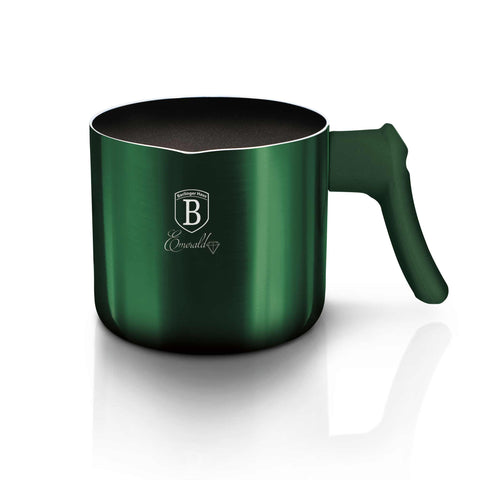 Product image of Milk pot 1,2L. Part of the Emerald Collection . Features: • Material: aluminum with non-stick marble coating • Size: 12 cm • Capacity: 1,2 L • Color: metallic emerald. (Studio view). Official Berlinger Haus product, boosted by Promintra sl.