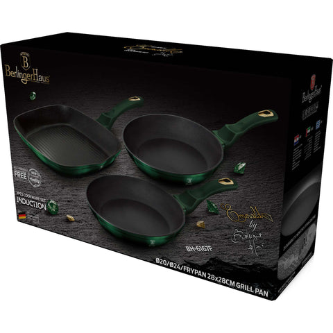  BH/6167F, juego de 3 sartenes, esmeralda, verde, juego de 3 sartenes b., sartén, juego de sartenes, sartén, juego de sartenes, sartén para parrilla, utensilios de cocina, cocina, sartenes, juego de sartenes