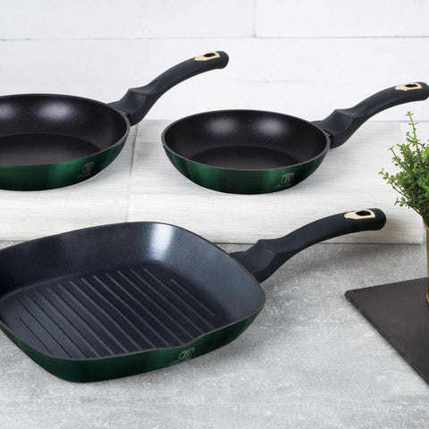  BH/6167F, juego de 3 sartenes, esmeralda, verde, juego de 3 sartenes b., sartén, juego de sartenes, sartén, juego de sartenes, sartén para parrilla, utensilios de cocina, cocina, sartenes, juego de sartenes