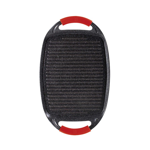 Product image of Grill plate 47cm. Part of the Metallic Line Burgundy Edition . Features: • Material: forged aluminum • Size: 47*29 cm • Color: black- burgundy • FREE 2 PCS HEAT RESISTANT SILICONE HANDLE. (Studio view). Official Berlinger Haus product, boosted by Promintra sl.
