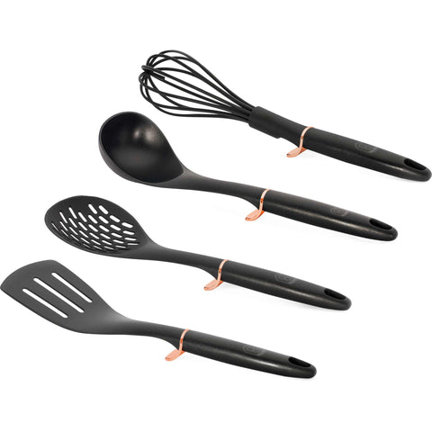 Juego de herramientas de cocina, herramientas de cocina, utensilios de cocina, utensilios de cocina, aparatos de cocina, espátula ranurada, batidor, espumadera, cucharón para sopa, juego de herramientas de cocina, negro, oro rosa, BH/6208, BH/6208N