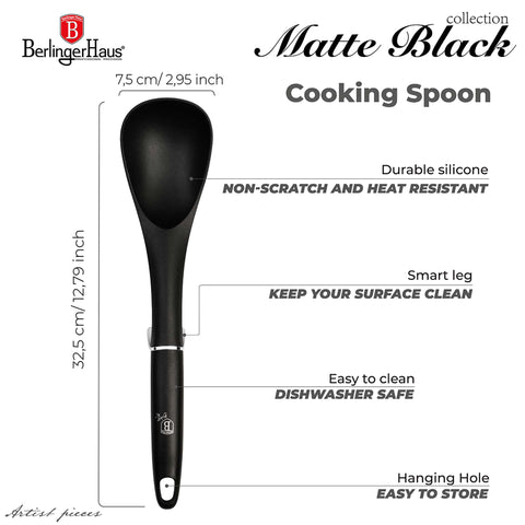 BH/6210, Cuchara de cocina, negra, plateada, herramientas de cocina, cuchara de cocina, herramienta de cocina, utensilio de cocina, utensilio de cocina, aparato de cocina, Berlinger Haus, Promintra, caja de regalo, conceptual, estilo de vida